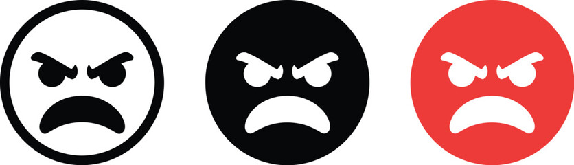 Angry face emoji icon vector illustration set of three different styles for expressing frustration editable vector illustration with png format
