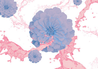 Surreal floral composition with pastel zinnias and pink water splashes on white background. Playful...