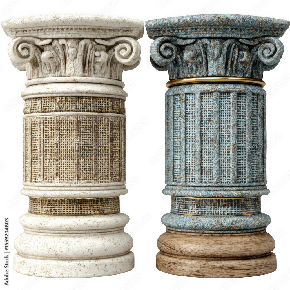Fototapete isolated on transparent background, a set of two classical columns with ornate details and different