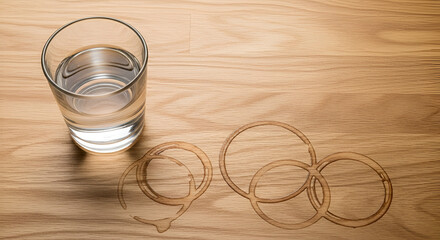 Top view of a glass of water causing multiple wet condensation rings and stain marks on a wooden tabletop