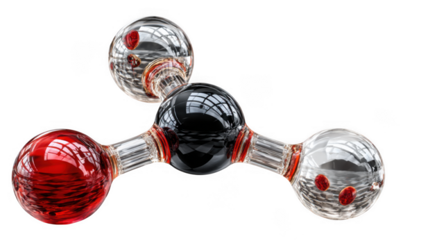 A 3d rendering of a molecule isolated on transparent background, with red, black, and white atoms
