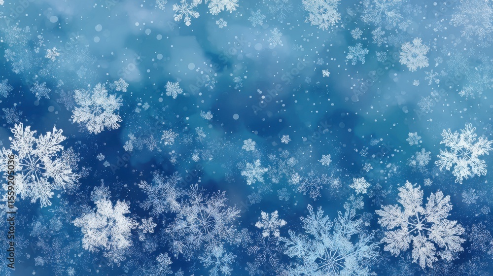 Poster a blue background with snowflakes falling on it. the snowflakes are scattered all over the backgroun