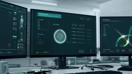 Scientific Research Computer Analyzes DNA Structure For Molecular Experiment. Scientific Analysis Scanner. Molecular Study Of Gene. Scientific Experiment In Medical Laboratory. Molecular Examination - Powered by Adobe