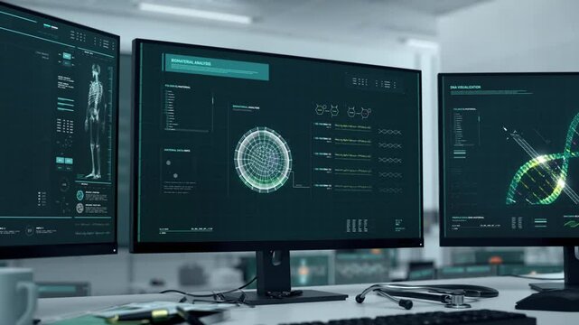 Scientific Research Computer Analyzes DNA Structure For Molecular Experiment. Scientific Analysis Scanner. Molecular Study Of Gene. Scientific Experiment In Medical Laboratory. Molecular Examination - Powered by Adobe