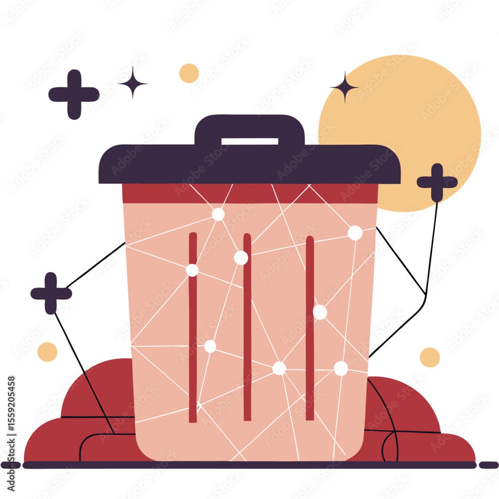 Poster stylized trash can with network connections and abstract elements