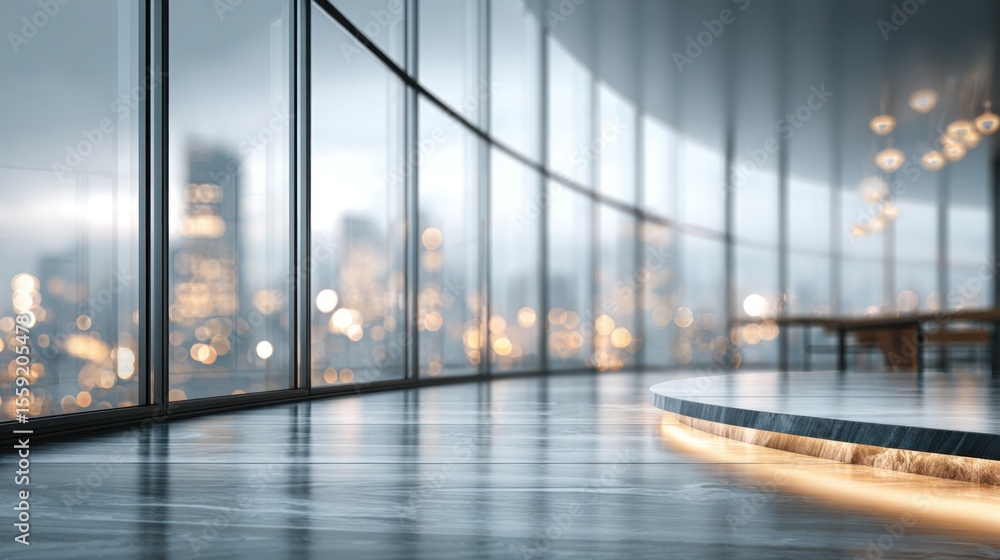 Poster a large, empty room with a view of the city. the room is mostly empty, with only a few chairs and a 