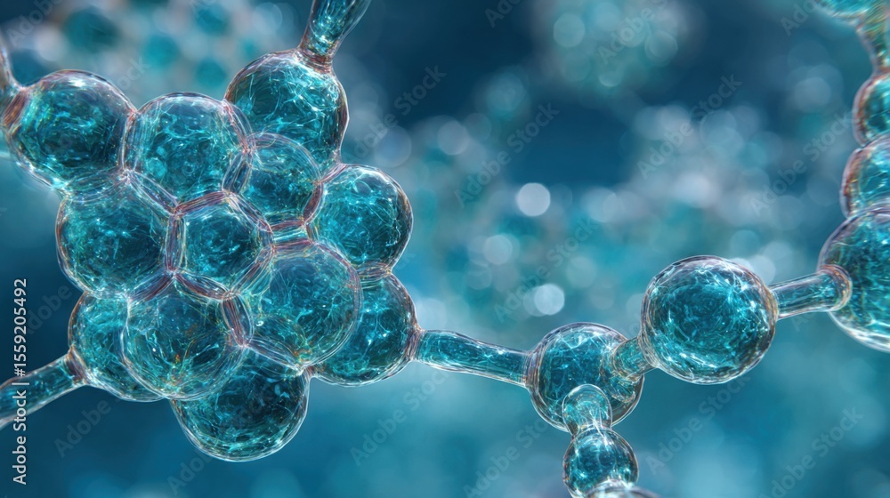 Poster a close up of a blue blob of bubbles with a lot of detail. the bubbles are all different sizes and a