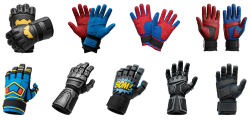 Superhero gloves in various styles and colors on transparent background  