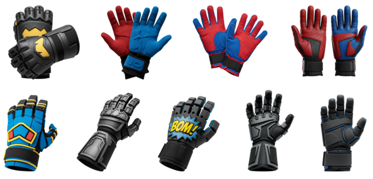 Superhero gloves in various styles and colors on transparent background  