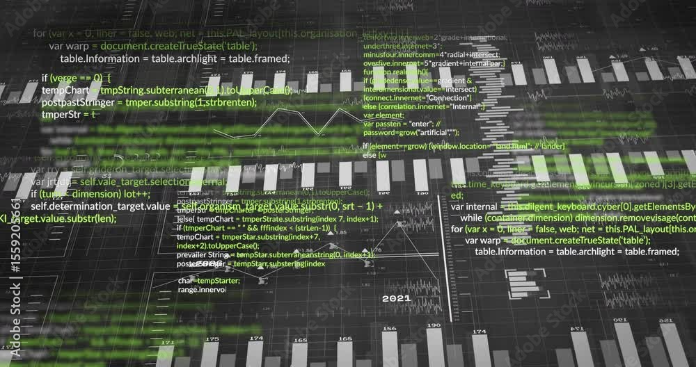 Poster scene opening initiating grid animating bars growing with labels scrolling code line graph emerging