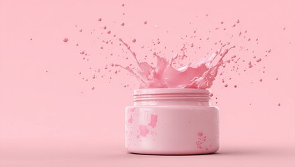 Pink cream background with a white jar of cosmetic product, pink paint splashes and drops on the right side, minimalistic style, copy space concept, high-resolution photography