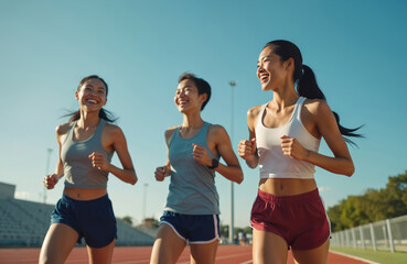 Three happy Asian female athletes running on track at stadium. Smiling girls enjoying outdoor sport activity, training, fun. Healthy lifestyle, sport, teamwork. Sunny day, blue sky, wellness,