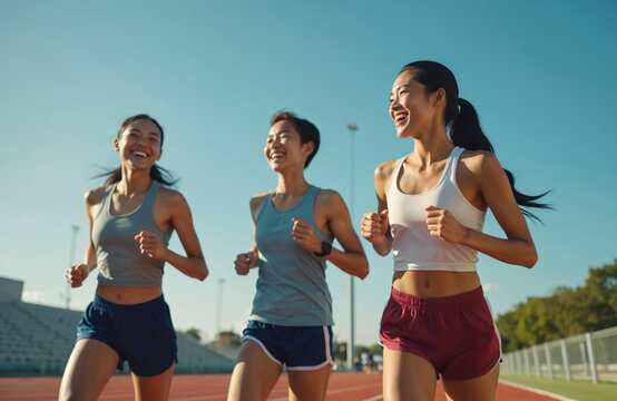 Three happy Asian female athletes running on track at stadium. Smiling girls enjoying outdoor sport activity, training, fun. Healthy lifestyle, sport, teamwork. Sunny day, blue sky, wellness, - Powered by Adobe