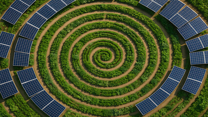 Aerial view of spiral garden path with vibrant green vegetation and neatly arranged blue solar panels capturing renewable energy