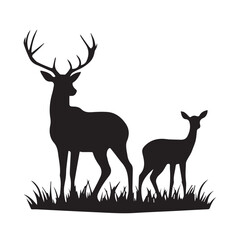 Majestic stag and fawn silhouette standing in grass on white background