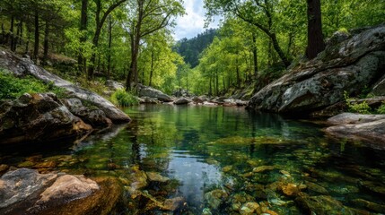 A beautiful, serene river with a lush green forest surrounding it. The water is crystal clear and the rocks on the riverbed are smooth and rounded. The scene is peaceful and calming