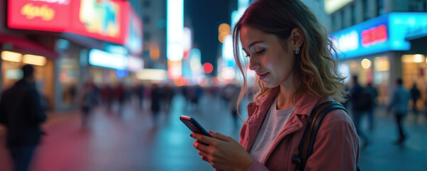 Young woman uses smartphone city street at night. Blurred background lights, crowd. Modern tech, social media concept. Girl texting message. Online communication via mobile phone application.