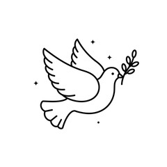 Fototapeta premium Dove carries an olive branch. Symbolizes: peace and freedom. Linear icon on a transparent background.
