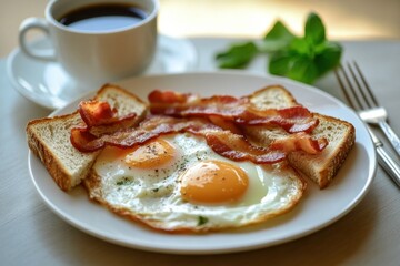 Homemade American breakfast. Fried eggs with bacon and toast, a cup of coffee, a knife and fork on a wooden table. Healthy breakfast. The concept of healthy eating. Morning Sunlight