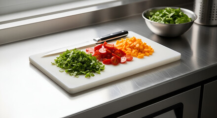 Culinary preparation with fresh colorful diced vegetables on a cutting board in a commercial kitchen setting.