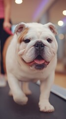 Fototapeta premium Bulldog Walking on Canine Treadmill with Side Safety Rails in Modern Gym