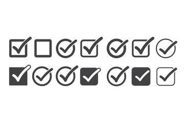 Various check mark icons inside squares and circles in a gray color palette