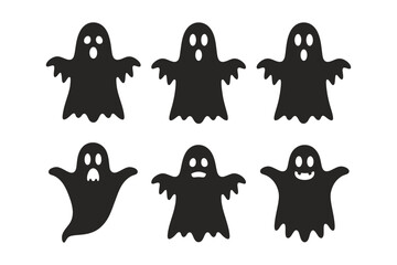 A collection of six black silhouette ghost shapes on a white background