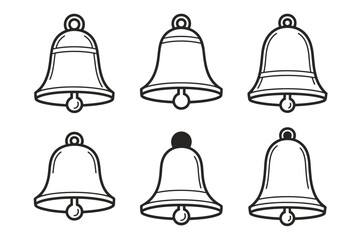 Six outlined bells with different shapes and sizes arranged in two rows