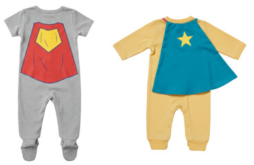Baby superhero costumes in gray and yellow for imaginative play  