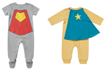 Baby superhero costumes in gray and yellow for imaginative play  