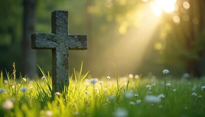 Stone cross stands tall in sunlight amidst green grass, white flowers. Symbol of faith hope love, evokes serenity. Religious memorial in peaceful natural scenery.