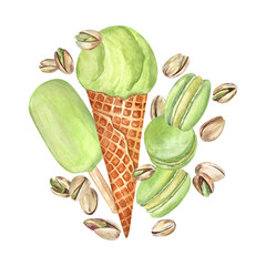 Pistachio desserts: ice cream cone, popsicle, and macarons decorated with pistachios; watercolor illustration. For cafe decorations, menu, stickers, greeting cards, art prints