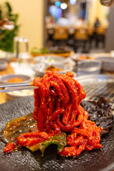 Korean traditional raw beef food. Korean beef yukhoe