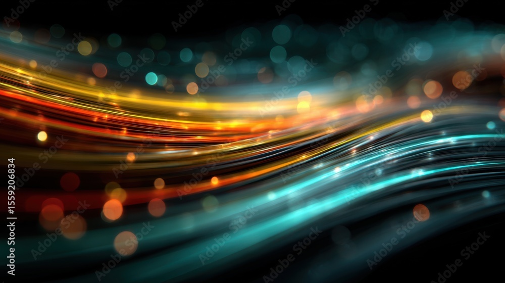 Poster a colorful, swirling line of dots that appear to be moving. the dots are of different colors and siz