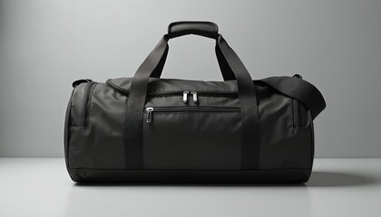 Black gym duffle bag with clean lines perfect for fitness branding. Ideal for sports activities, travel. Practical compartments for overnight stay. Modern design for active lifestyle.