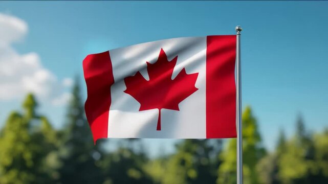 The Canadian flag waves proudly against a backdrop of lush forests, symbolizing national pride, natural heritage, and multicultural unity Vexillology and foliage are highlighted