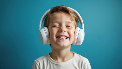 Happy boy wears headphones listens music with eyes closed. Smiling child enjoys audio entertainment in peaceful indoor setting. Joyful face portrait against blue background. Childhood concept.
