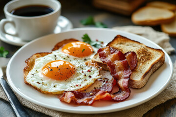 Homemade American breakfast. Fried eggs with bacon and toast, a cup of coffee and a knife on a wooden table. Healthy breakfast. The concept of healthy eating