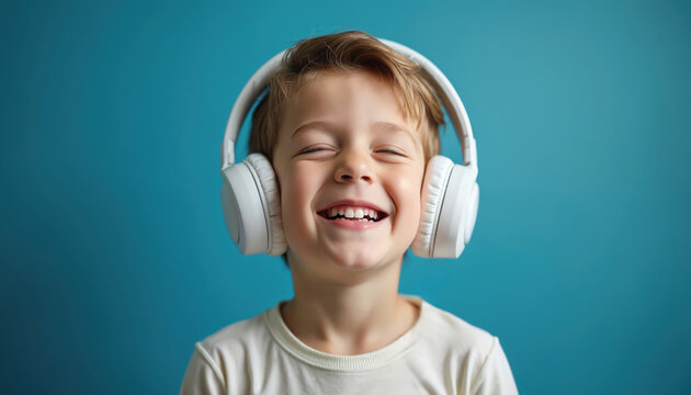 Happy boy wears headphones listens music with eyes closed. Smiling child enjoys audio entertainment in peaceful indoor setting. Joyful face portrait against blue background. Childhood concept.