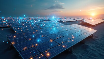 Futuristic aerial view solar grid against sunset. Renewable energy tech for sustainable eco-friendly development. Innovative power forecast on horizon. Solar panels collect sun light for clean