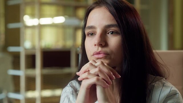 Pensive sad woman business worker in office close up girl Caucasian businesswoman thoughtful dreaming thinking female upset doubt concern question young student employee think problem solution ponder