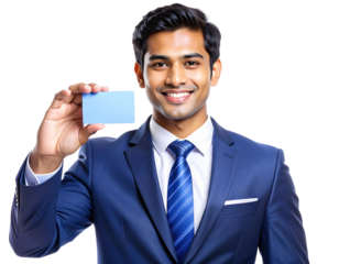 Businessman holding business card transparent background