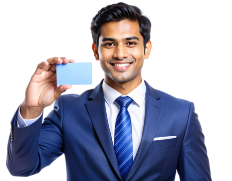 Businessman holding business card transparent background