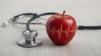 Red apple with carved heartbeat line next to stethoscope on light wooden surface symbolizing heart health and the link between nutrition and medicine.