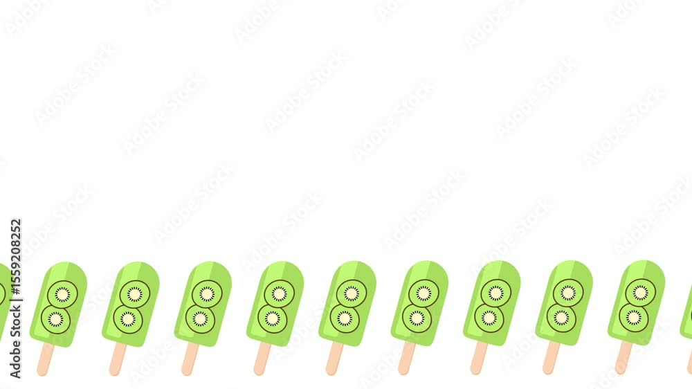 Poster series of kiwi popsicles standing in a clean line over a white background, creating a neat and vibra