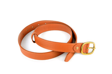 Women's brown leather belt with golden metal buckle isolated on white.