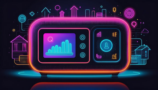Neon Device Displaying Abstract Urban Growth and Data Visualizations.