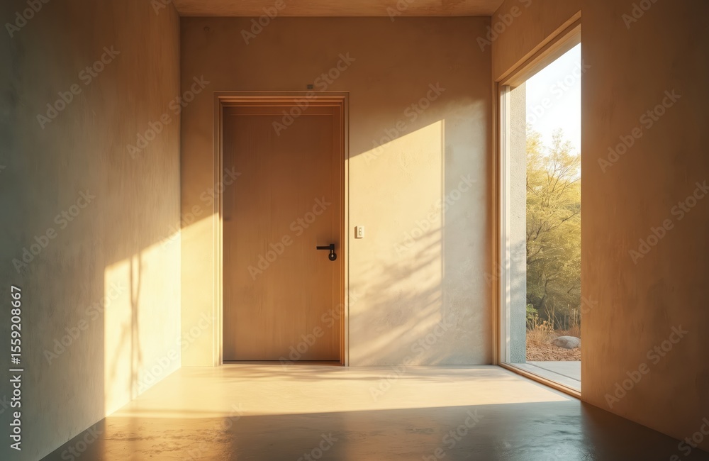 Aufkleber interior space with warm sunlight. minimalist home design featuring an open door, natural light crea