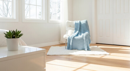 Bright cozy minimalist bedroom corner.
Minimalist corner with soft chair and blanket under natural window light.