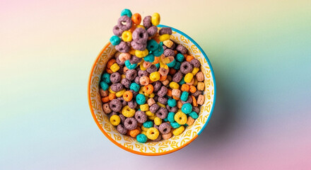 Colorful breakfast cereal in bowl.
A vibrant bowl of multicolored cereal loops falling into milk.
